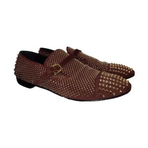 GIUSEPPE ZANOTTI | Gold Studded Dark Brown Suede Loafers in Size EU 45